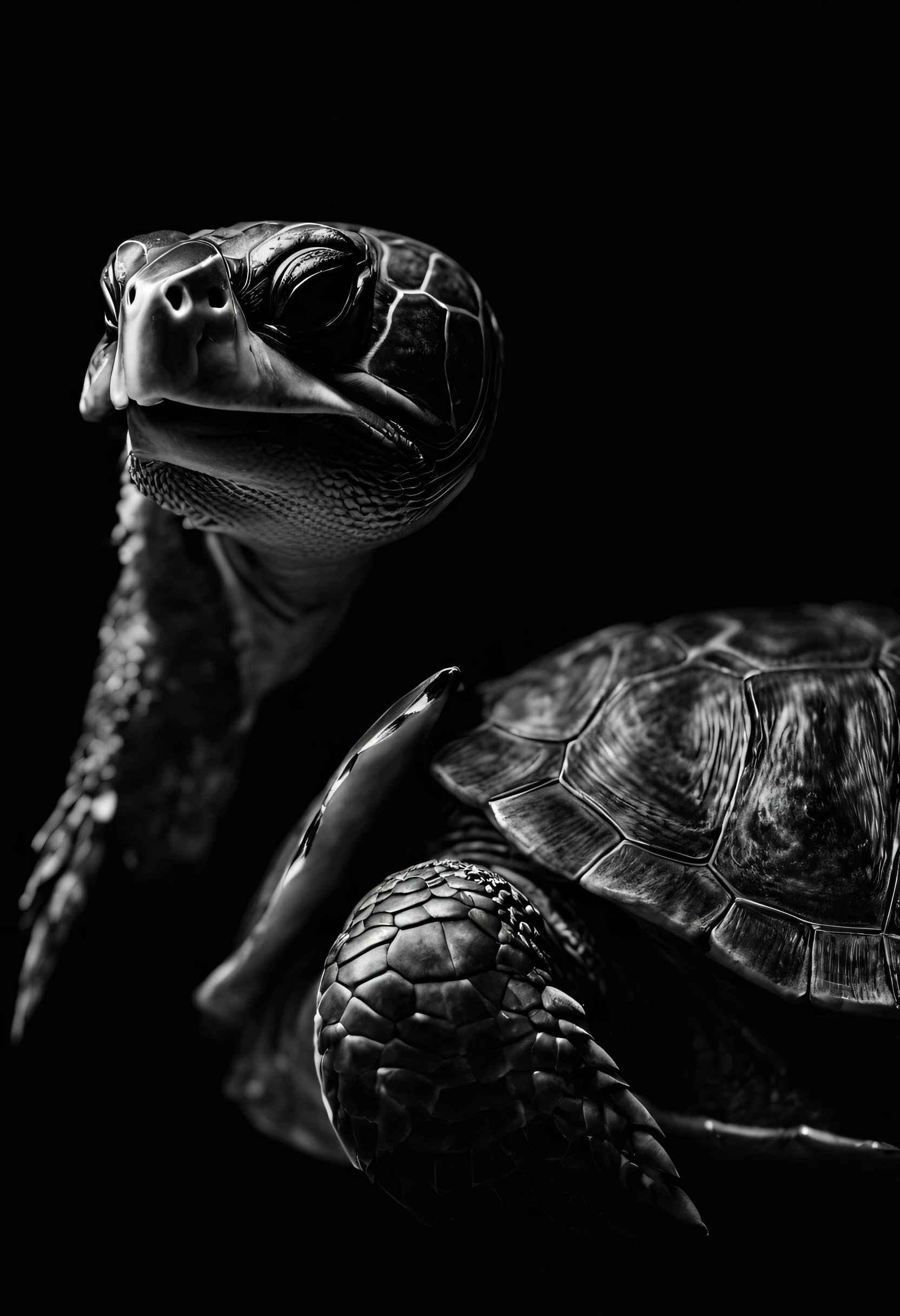 Black and white photos of turtles, full body, profile portrait of Gerard Soest, black background, beauty, naturalism, contrast between light and dark, studio photography, studio portrait