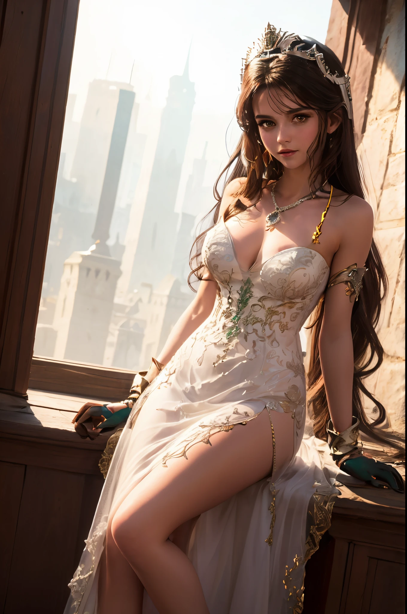 high level of detail, best quality, masterpiece, 1girl, garnet-smf, jewelry, solo, necklace, dress, long hair, tiara, breasts, brown eyes, gloves, brown hair, elbow gloves, cleavage, bare shoulders, medium breasts, white dress, strapless, wedding dress, white gloves, lips, strapless dress, princess ,lips, black hair, skin tight, cowboy shot, collarbone, low-tied long hair, outdoors, castle, clouds, garnet from final fantasy 9, (masterpiece, best quality:1.2),(8k,highres,RAW photo,realistic,photo-realistic:1.3),(detailed skin texture,detailed cloth texture,beautiful detailed face:1.25),professional lighting,photon mapping,beautiful soft light,radiosity,physically-based rendering,model shoot style, model shoot style, (extremely detailed CG unity 8k wallpaper), full shot body photo of the most beautiful artwork in the world, complex 3d render ultra detailed, looking at viewer, 18 yo, wet hair, real human skin, vibrant details, hyperrealistic, beautiful, octane render, 8k, best quality, masterpiece, an extremely delicate and beautiful, extremely detailed ,CG ,unity ,wallpaper, (realistic, photo-realistic:1.37),Amazing, finely detail, masterpiece,best quality,official art, extremely detailed CG unity 8k wallpaper ,extreme detailed eyes, (perfect face), shiny skin, colorful, highest detailed, vibrant colors, ultra high res, (high contrast), intricate, lens flare,