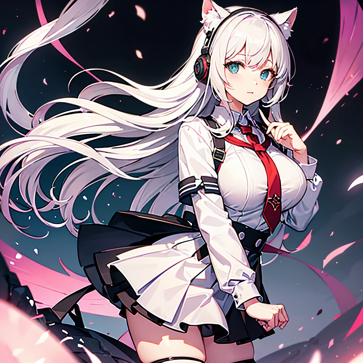 grey wolf \(kemono friends\), 1girl, two-tone hair, long hair, wolf ears, heterochromia, wolf tail, (large breast), fur collar, collared shirt, black shirt, breast pocket, plaid necktie, plaid skirt, pleated skirt, white gloves (holding breast), two-tone thighhighs, fur-trimmed boots