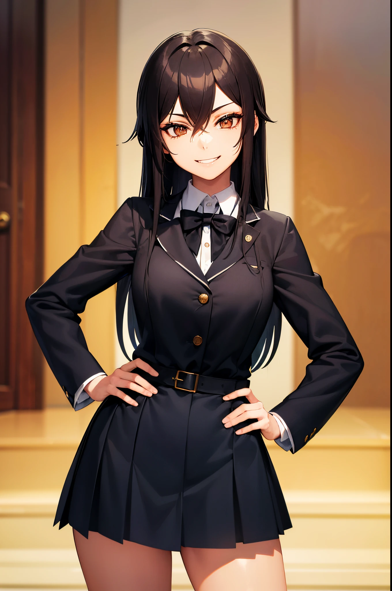 A girl wearing a black school uniform. She has long black hair and brown eyes, smile, hand on hip, ((devious smile))