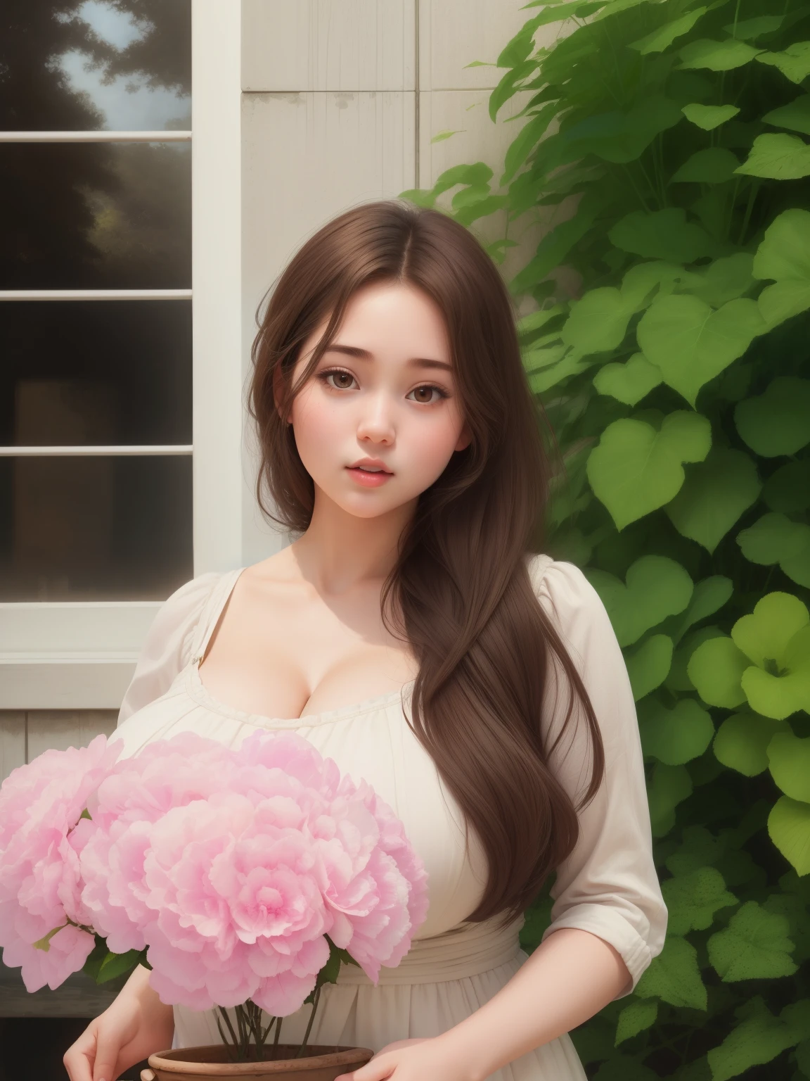 (best quality), big head, (1girl with gigantic breasts:1.3) Fat Woman With Brown Hair , White Pale Skin Tone , Wearing Pretty Dress , Details Dress , Pretty Girl , Korean , picture women in outdoor, Holding Bucket Flower , Holding Bucket Flower in her hand , Details, Ultra HD , 8K