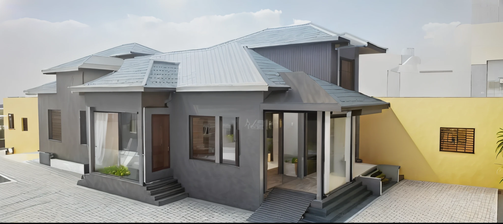 modern villa with dark brown roof tile,beauty landscape,riverside scenery,black marble stair,light yelow mix gray wall,Natural stone wall base,
door trim only white,keep the same model,The lobby pillar is covered with white stone,The lobby floor is covered with light blue tiles,The lobby floor is covered with light blue tiles,blue glass windows