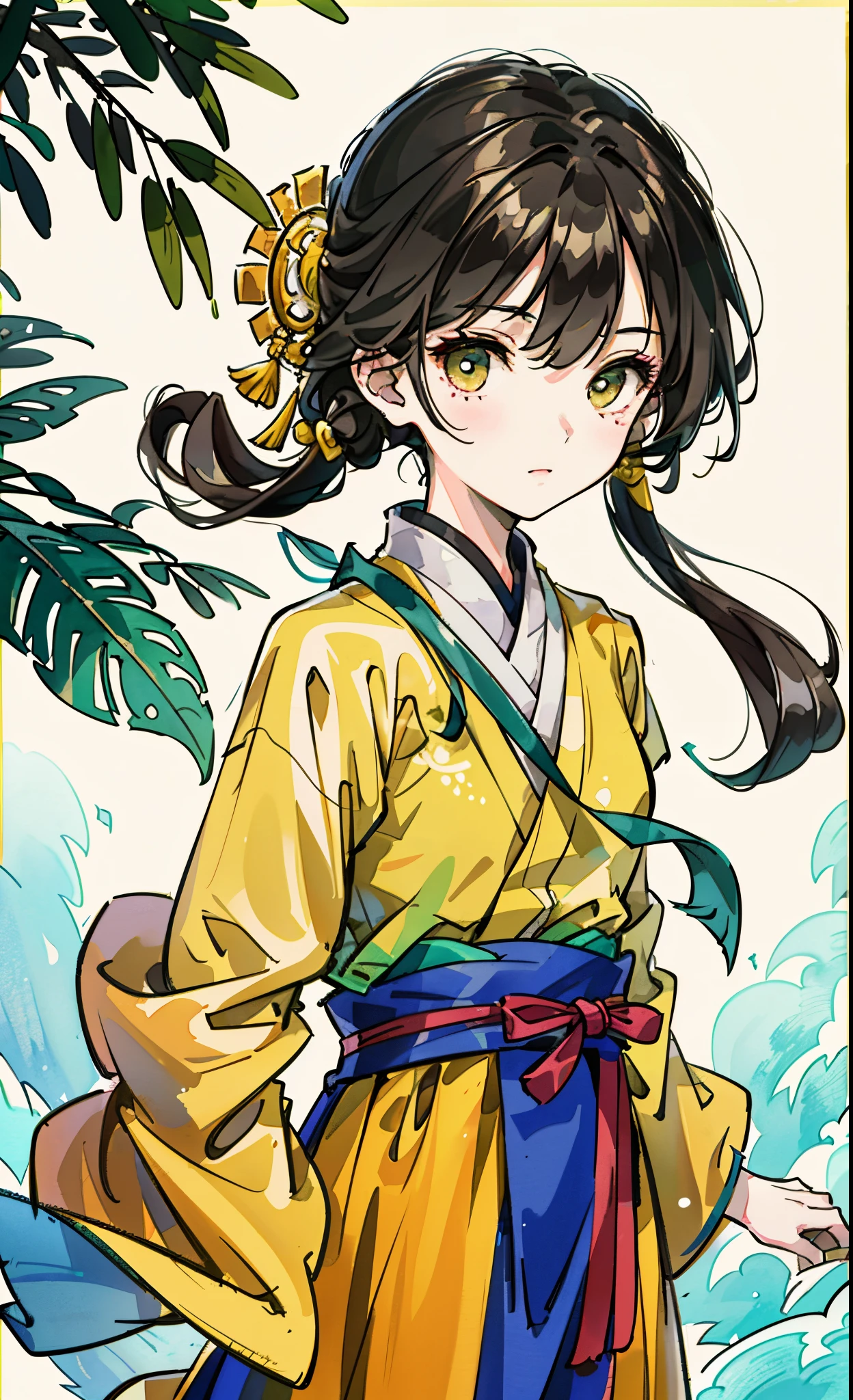 three-views, 14-year-old Chinese girl, gentle and literary, romantic and poetic, wearing apricot yellow Hanfu, watercolor touch, colorful thick outlines, vibrant and bright, clean illustration, character portrait, with a bokeh effect background，tmasterpiece， super detailing， Epic composition， hyper HD， high qulity， extremely detaile， offcial art，8k ，  32k