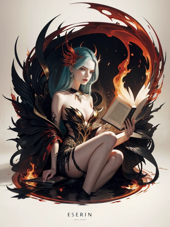 siren, reading book at hell, Ingrid Baars style, maximalist, flame, ethereal ghsot, exquisite face