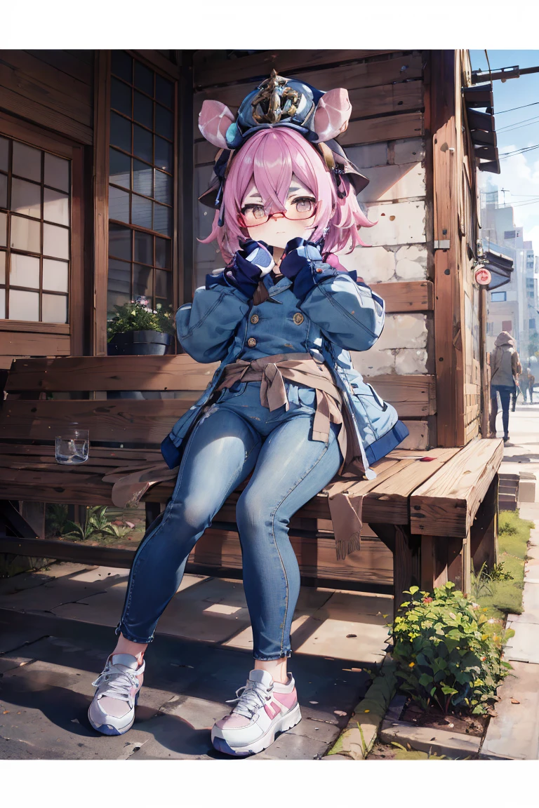 Melousine|genshin impact, masterpiece, bestquality,3 girl,young girl, Long Jeans,  Wear glasses, long-haired,  pink hair,unstable _Front,oily shiny skin,flat chest,nice leg line:1.3,thick thighs, thin-waist,, red_streaks_light_wrap_dress, white_platform_sneakers, woven_El_bag, straw_headgear, gold_hoop_earrings, jacket, long jeans city scenery,looking at the audience,From Top:1.2,dynamic angle