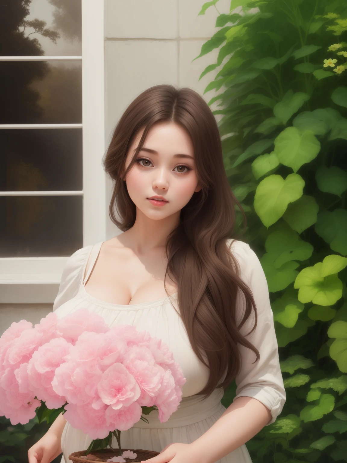 (best quality), big head, (1girl with gigantic breasts:1.3) Fat Woman With Brown Hair , White Pale Skin Tone , Wearing Pretty Dress , Details Dress , Pretty Girl , Korean , picture women in outdoor, Holding Bucket Flower , Holding Bucket Flower in her hand , Details, Ultra HD , 8K