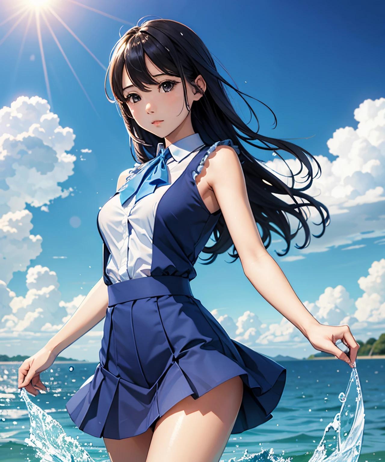 anime, anime landscape, Woman watching the clouds, In the grassland, creative, Realist, White cloud, blue sky, Wonderful landscape, Woman looking away from the camera, Wide Photography, Realistic grass, Flying Bird. The middle lake, The sky is reflected in the lake, student、Young people、Hot summer sky、Raise your fist
