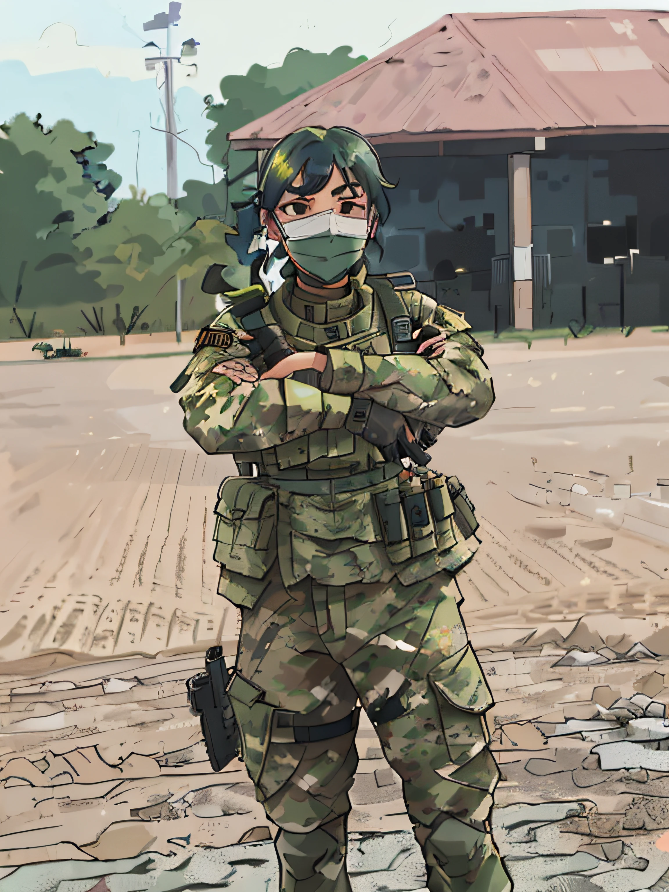 arafed soldier with face mask and gun standing in front of a building, ready for combat, rugged soldier, dressed in tactical armor, perfect military composure, military police, camouflaged gear, soldier, impeccable military composure, malaysian, full uniform, front portrait, arms crossed, wearing dirty soldier uniform, miltary, portrait shot, wearing military outfit