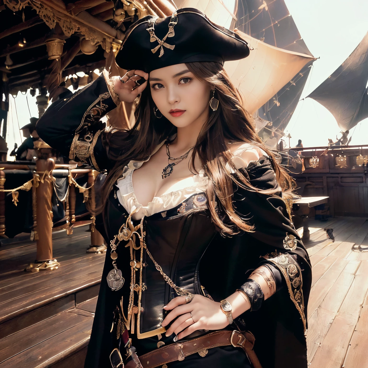 (at pirate ship:2),(Female pirate captain:2),(Only one eye),((One eye with a pirate blindfold)),Jolly Roger,(victorian age),(RAW photogr:1.2),(真实感:1.4),hoang lap,Unbelievably ridiculous,hugefilesize,ultra - detailed,A high resolution,The is very detailed,Best quality at best,tmasterpiece,Very fine and beautiful,The is very detailed,CG,unified,8k wallpaper,Amazing Cleavage,finely detailled,tmasterpiece,Best quality at best, There is ash on the face,Perfect proportions,hdr,Brighten face,8K,raw data,