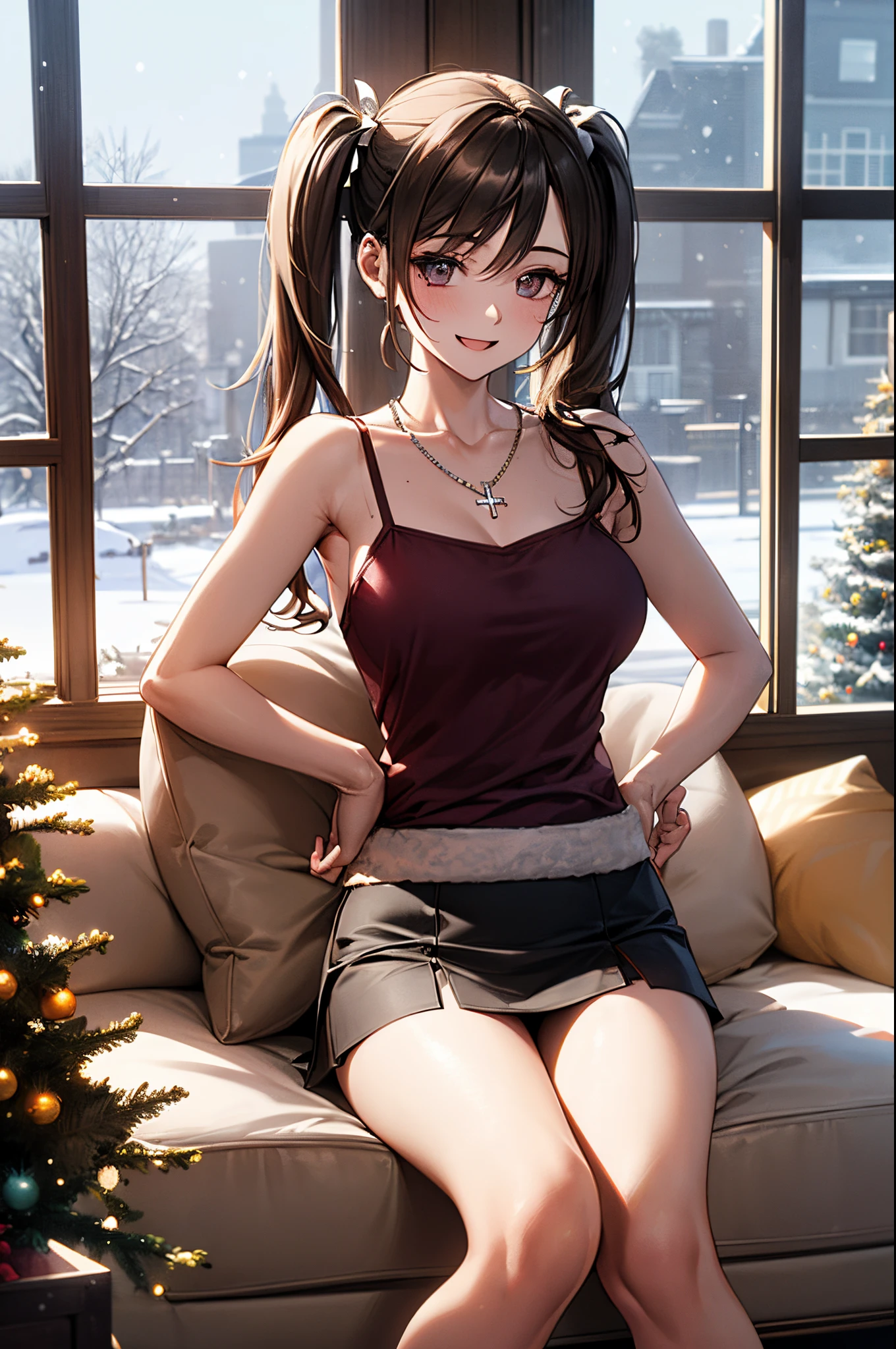 ((((perfect anatomy, super detailed skin)))), 1 girl, japanese, high school girl, shiny skin, large breasts:0.5, watching the view, 
beautiful hair, beautiful face, beautiful detailed eyes, (long hair:1.7, twintails:1.5), brown hair, 
beautiful clavicle, beautiful body, beautiful chest, beautiful thigh, beautiful legs, babyface, mole under eye, 
((camisole, mini skirt), cross necklace), seductive thighs, , 
((smile:1.5, open your mouth wide)), , 
(beautiful scenery), modern architecture, living room, carpet, sitting floor, window, winter, night, christmas, (christmas tree), snow, snowfall:1.5, freezing weather, frost, 
(8k, top-quality, masterpiece​:1.2, extremely detailed), (photorealistic), beautiful illustration, cinematic lighting,