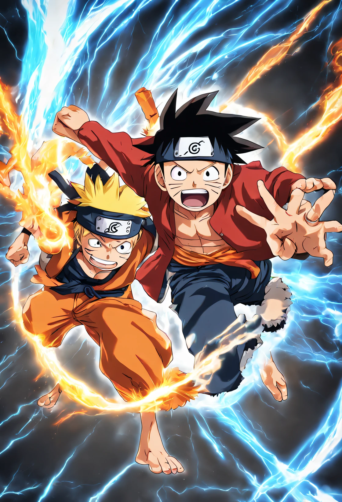 Generate an image where Luffy and Naruto engage in an epic crossover battle. Their signature moves, like Luffy's Gomu Gomu no Red Hawk and Naruto's Rasengan, should be dynamically depicted in a clash of colors and energy