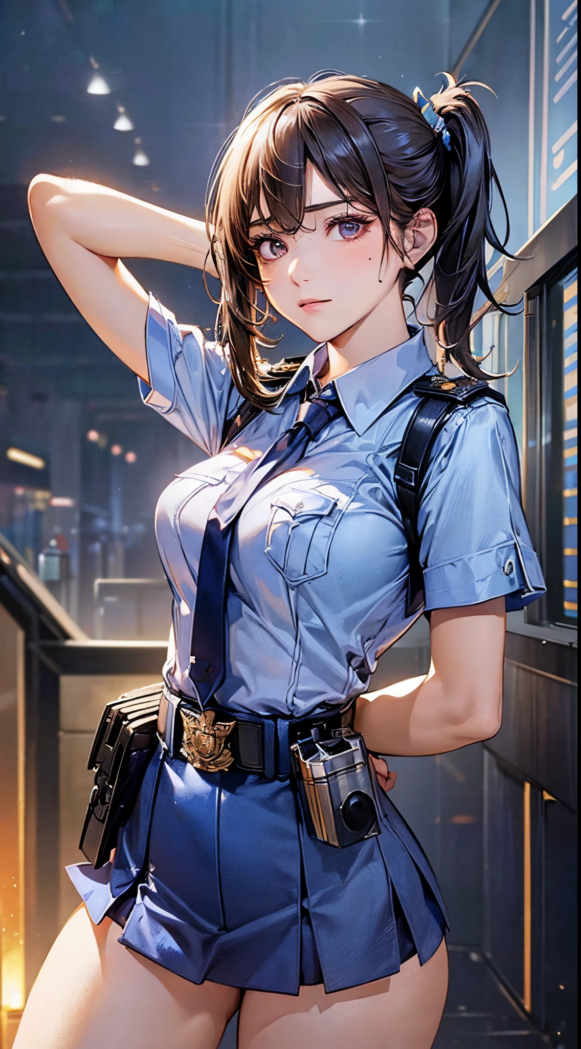 (((perfect anatomy, super detailed skin))), 1 girl, japanese, police girl, shiny skin, large breasts:0.5, looking away, looking up, watching the view, 
beautiful hair, beautiful face, beautiful detailed eyes, (long hair:1.5, side ponytail:1.7), blond hair, bangs, hair between eye, red eyes, 
beautiful clavicle, beautiful body, beautiful chest, beautiful thighs, beautiful legs, ****face, mole under eye, 
((policewoman uniform, light blue short sleeved shirt, navy necktie, high waisted miniskirt), belt, white gloves, police hat, handcuffs), seductive thighs, 
(((salute, aiming at viewer, holding pistol, handgun))), , 
(beautiful scenery), wasteland, burning city, 
8k, top-quality, masterpiece​:1.2, extremely detailed), (realistic, photorealistic:1.2), beautiful illustration, cinematic lighting,