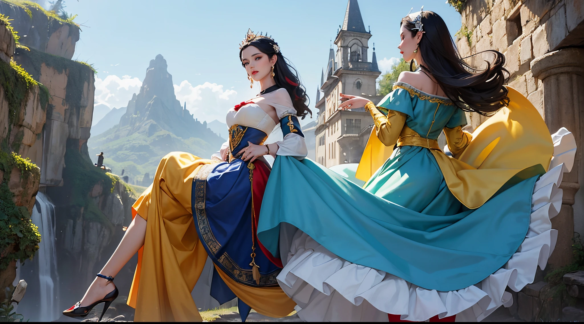 hiper beautiful mulher branca de neve moderna hiper-realista, roupa amarela, saia azul e detalhes em vermelho bota longa vermelha 16k fundo medieval futurista cabelos longos pretos hiper-realista fundo Steampunk, close fotografia e darkness.