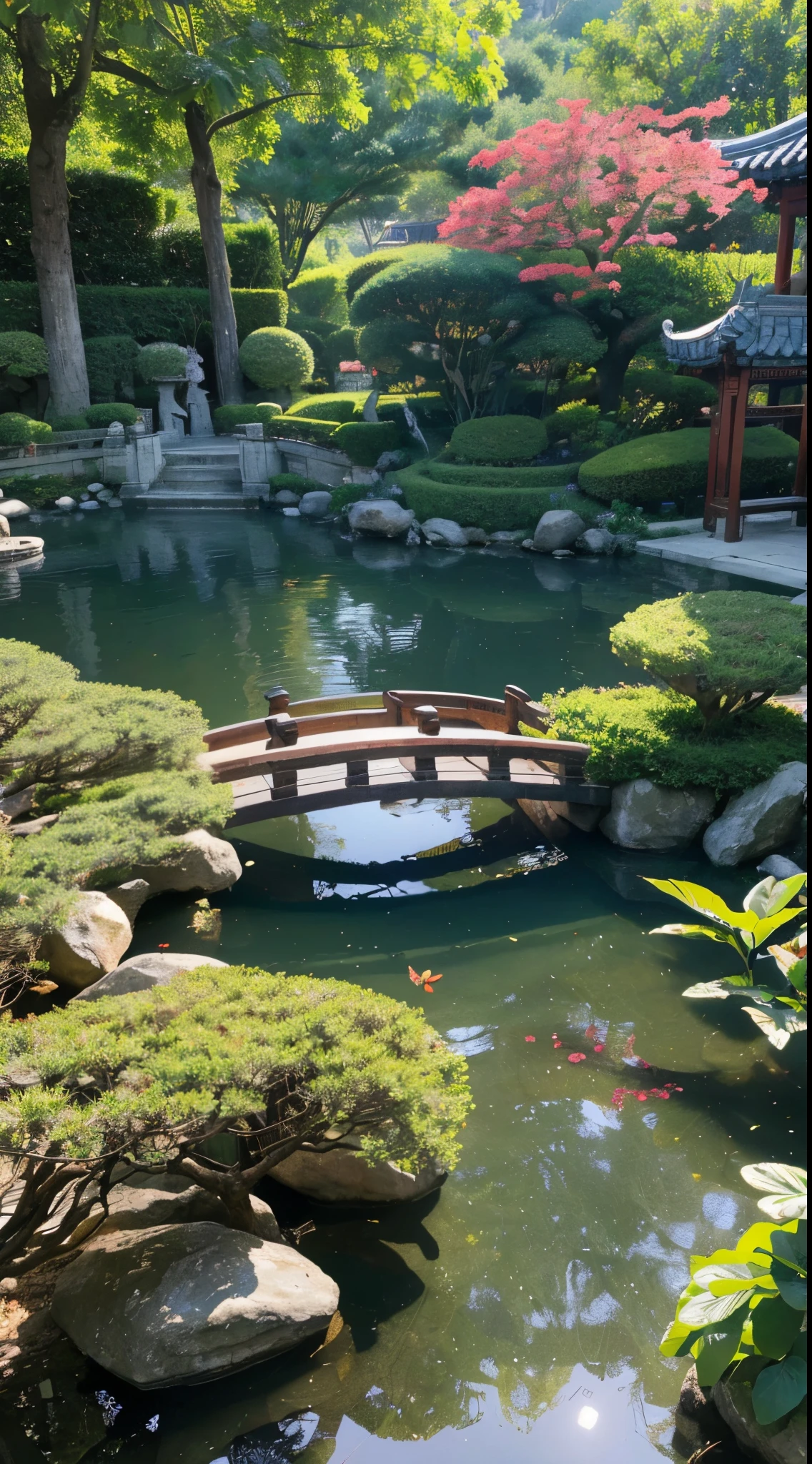 (best quality,4k,8k,highres,masterpiece:1.2),ultra-detailed,realistic:1.37,Suzhou garden,wide view,natural lighting,reflection and texture,asymmetrical structure,beautiful detailed plants and flowers,peaceful atmosphere,serene water features,traditional architecture,delicate bridges,ornate pavilions,exquisite rock formations,meticulously pruned trees,vivid colors,lush foliage,tranquil ponds,artistic arrangements of rocks and plants,meticulous attention to detail,harmonious combination of nature and human design,immersive experience,traditional Chinese garden aesthetics,serene ambience,stunning visual presentation