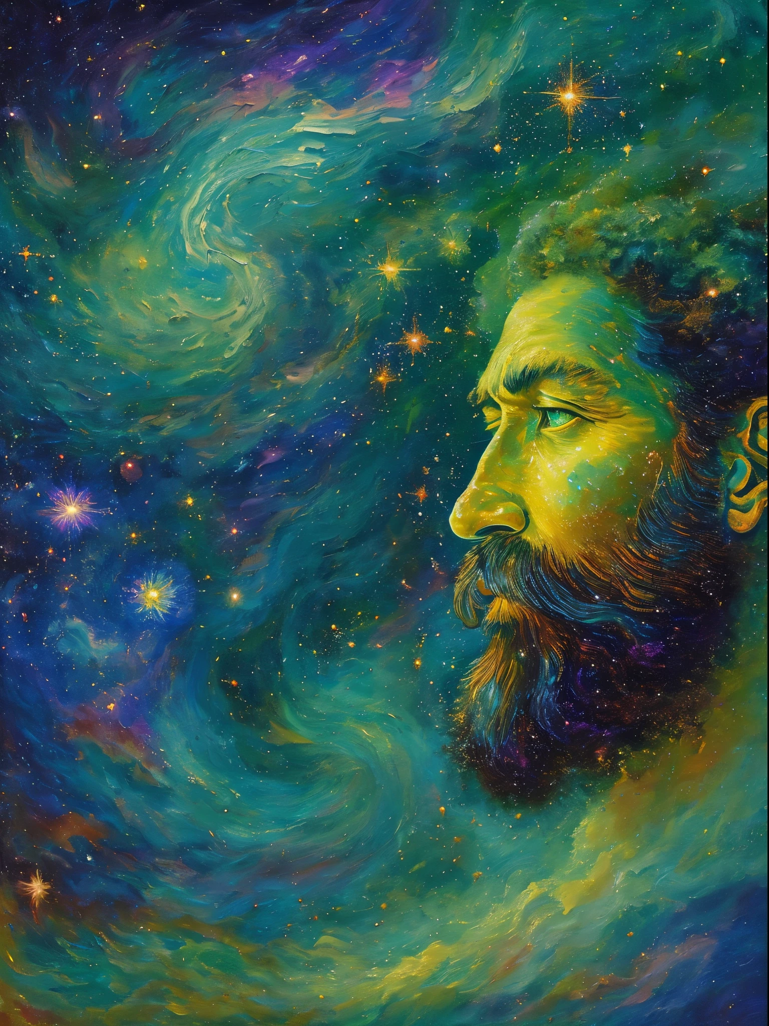 One with a beard、Green face man pictures, portrait of a cosmic entity, Portrait of the cosmic god, Fantasy painting, oh oh, Oooooh, oh oh oh, Oh, God's face, an abstract spiritual background, centered portrait, An ancient male bearded face, Deep Dream Universe, Strange portrait with the Milky Way, image of god in heaven, His mind is thinking about eternity, metaphysical painting,Five-dimensional space,The vastness of the universe, imagine cosmic dream, in a cosmic field, dreamlike digital painting, in the astral plane,van gogh art style。