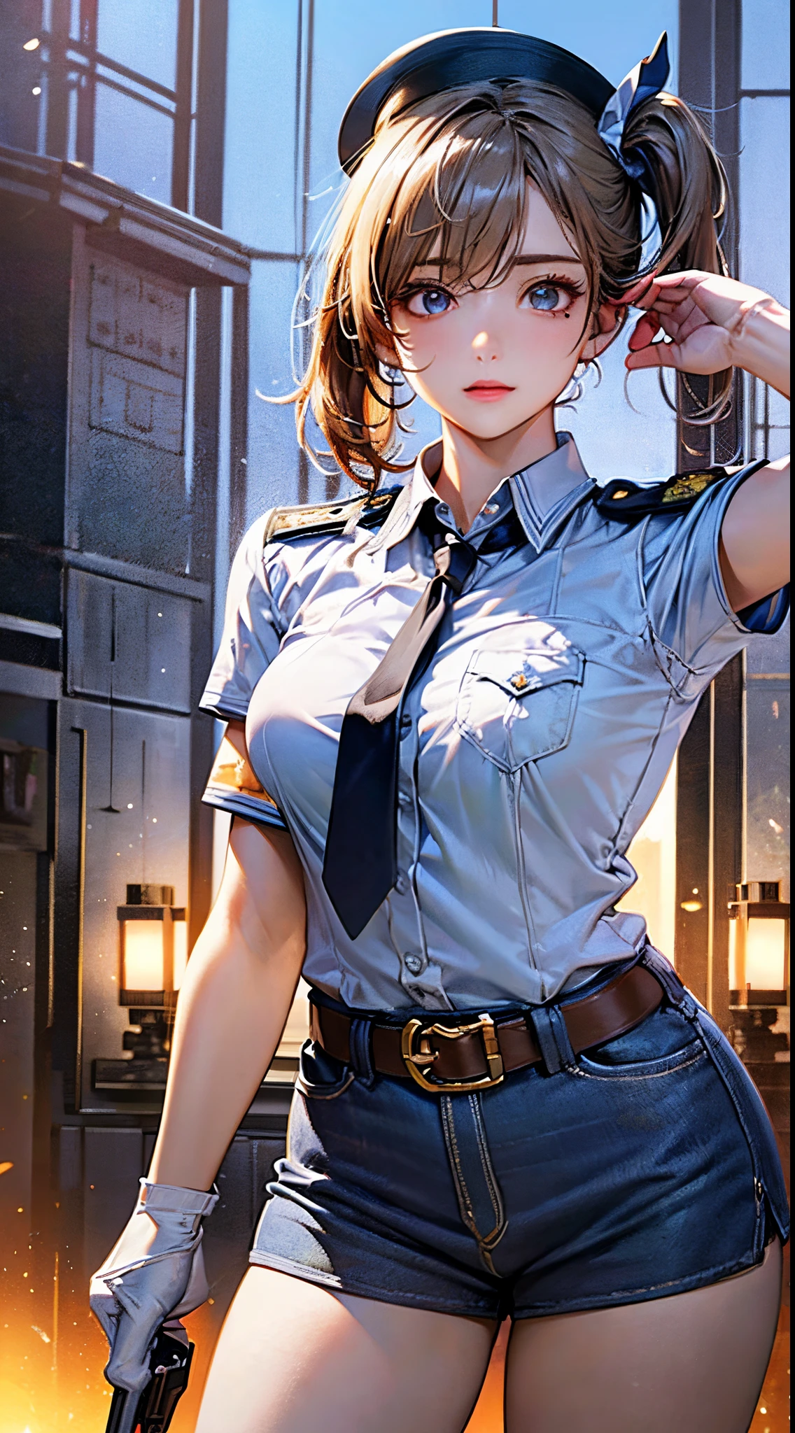 (((perfect anatomy, super detailed skin))), 1 girl, japanese, police girl, shiny skin, large breasts:0.5, looking away, looking up, watching the view, 
beautiful hair, beautiful face, beautiful detailed eyes, (long hair:1.5, side ponytail:1.7), blond hair, bangs, hair between eye, red eyes, 
beautiful clavicle, beautiful body, beautiful chest, beautiful thighs, beautiful legs, babyface, mole under eye, 
((policewoman uniform, light blue short sleeved shirt, navy necktie, high waisted miniskirt), belt, white gloves, police hat, handcuffs), seductive thighs, 
(((salute, aiming at viewer, holding pistol, handgun))), , 
(beautiful scenery), wasteland, burning city, 
8k, top-quality, masterpiece​:1.2, extremely detailed), (realistic, photorealistic:1.2), beautiful illustration, cinematic lighting,