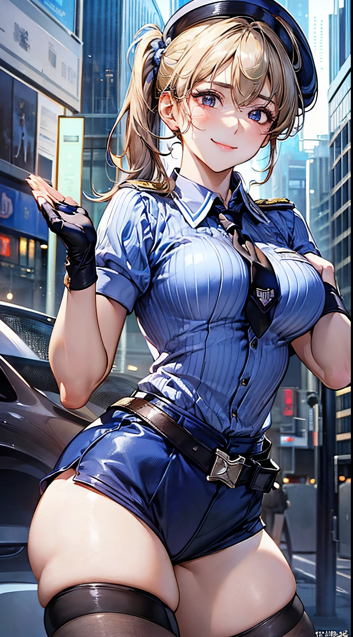 (((perfect anatomy, super detailed skin))), 1 girl, japanese, police girl, shiny skin, large breasts:0.5, looking away, looking up, watching the view, 
beautiful hair, beautiful face, beautiful detailed eyes, (long hair:1.5, side ponytail:1.7), blond hair, bangs, hair between eye, red eyes, 
beautiful clavicle, beautiful body, beautiful chest, beautiful thighs, beautiful legs, babyface, mole under eye, 
((policewoman uniform, light blue short sleeved shirt, navy necktie, high waisted miniskirt), belt, white gloves, police hat, handcuffs), seductive thighs, 
(((salute, smile, aiming at viewer, holding pistol, handgun))), , 
(beautiful scenery), wasteland, burning city, 
8k, top-quality, masterpiece​:1.2, extremely detailed), (realistic, photorealistic:1.2), beautiful illustration, cinematic lighting,