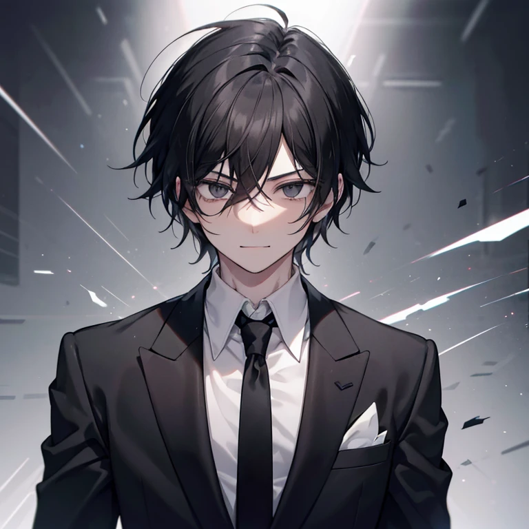 Men with messy black hair, black head, black eyes,Sleepy eyes, he has sharp white teeth, he has a long tongue, he wears a black and white suit, black tie, wears a mischievous expression