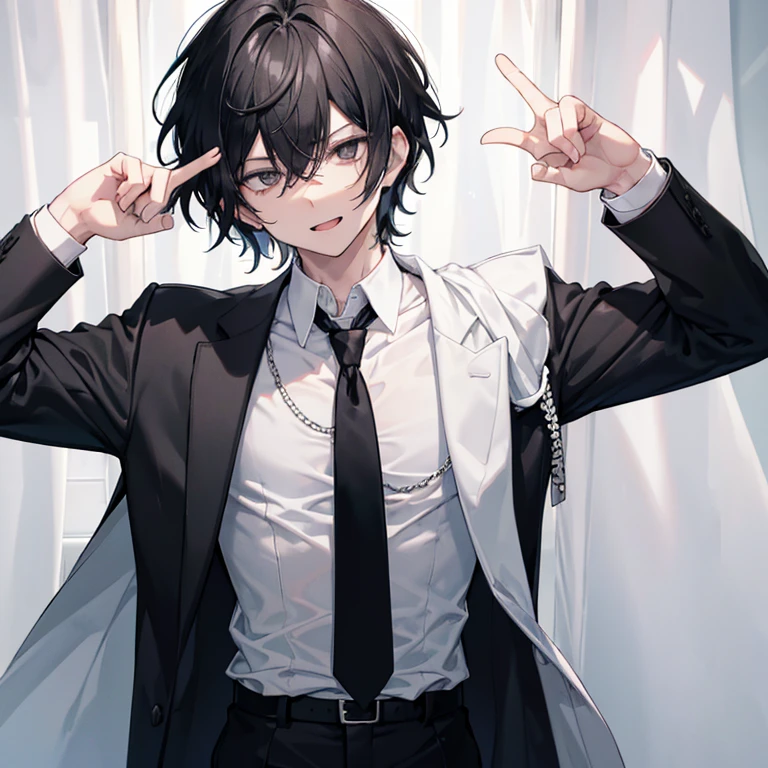 Men with messy black hair, black head, black eyes,Sleepy eyes, he has sharp white teeth, he has a long tongue, he wears a black and white suit, black tie, wears a mischievous expression