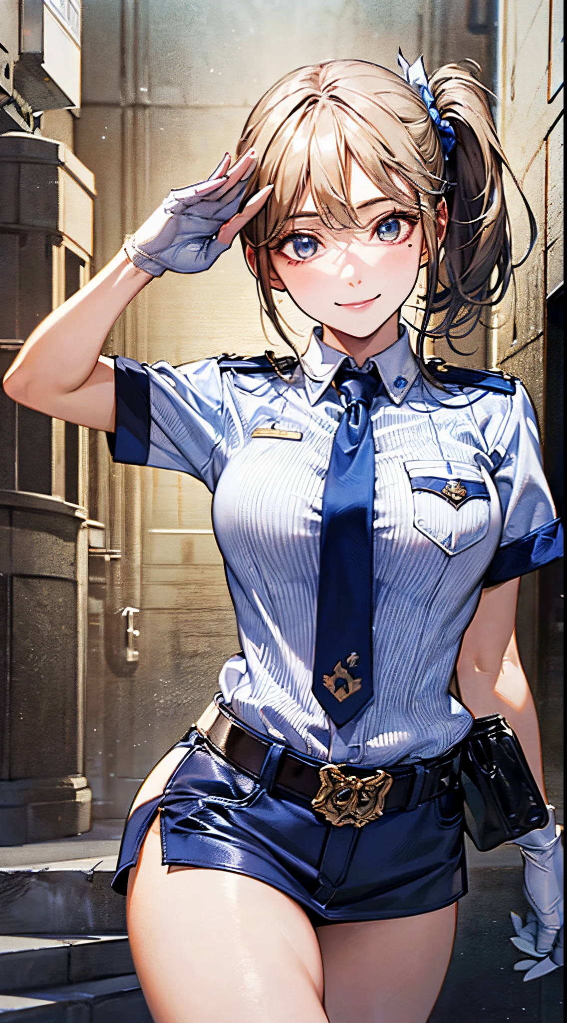 (((perfect anatomy, super detailed skin))), 1 girl, japanese, police girl, shiny skin, large breasts:0.5, looking away, looking up, watching the view, 
beautiful hair, beautiful face, beautiful detailed eyes, (long hair:1.5, side ponytail:1.7), blond hair, bangs, hair between eye, red eyes, 
beautiful clavicle, beautiful body, beautiful chest, beautiful thighs, beautiful legs, babyface, mole under eye, 
((policewoman uniform, light blue short sleeved shirt, navy necktie, high waisted miniskirt), belt, white gloves, police hat, handcuffs), seductive thighs, 
(((salute, smile, aiming at viewer, holding pistol, handgun))), , 
(beautiful scenery), wasteland, burning city, 
8k, top-quality, masterpiece​:1.2, extremely detailed), (realistic, photorealistic:1.2), beautiful illustration, cinematic lighting,