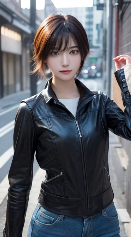 masterpiece, 1 beautiful girls, detaileds, Swollen eyes, top-quality, 超A high resolution, (现实: 1.4), OriginalPhotographs, 1girl in, 电影灯光, (A smile:0.6), japanes, Asian Beauty, Korean, Proper, very extremely beautiful, Slightly younger face, Beautiful skins,orange color hair、 slender, Leather Jean、cyberpunk backgrouns, (A hyper-realistic), (illustratio), (hight resolution), (8K), (ighly detailed), (The best illustrations), (beautifully detailed eyes), (ultra-detailliert), (wall-paper), (详细的脸), looking at the viewers, fine detailed, A detailed face、deep-shadows、Unobtrusive、pureerosfaceace_v1、46-point diagonal bangs、Facing straight ahead、Neat Clothing、Black colored eyes、