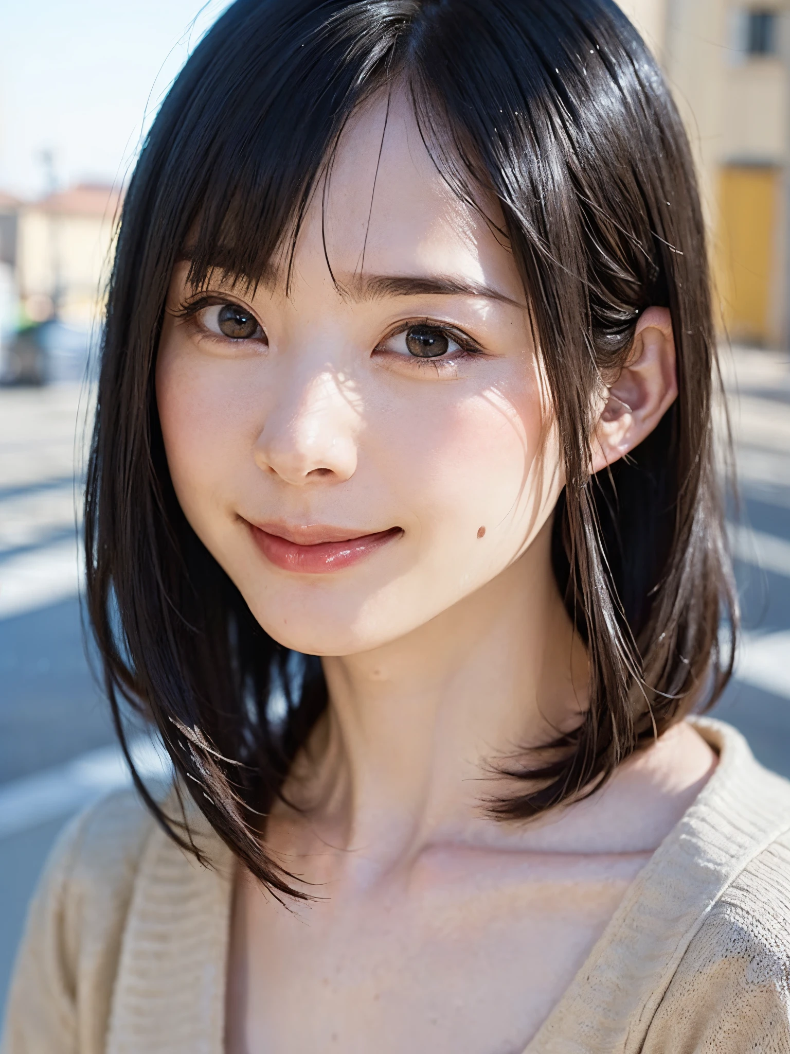 (masutepiece, top-quality、The ultra -The high-definition、Very attractive adult beauty、Add intense highlights to the eyes、Look firmly at the camera:1.4、Absolutely beautiful bangs:1.4、Brunette's short bob hair with bangs:1.4),1girl in, 独奏, A dark-haired, scarf, Hats,, realisitic, looking at the viewers, black eyes of light color, shorth hair, coat, Winter clothes, White headscarf, s lips, lipgloss,bangss, The upper part of the body、big eye、Lashes)、((Road system in Italy、Hyperreal Stick:1.4))、((Shorthair with bangs:1.4、Beautiful bangs with 46 points:1.4、big eye、Put very strong highlights in your students、very Bigger breasts、gazing at viewer、Very beautiful beauty、Put your ears out、long neck、little smiling、Beautiful teeth、Open your mouth and smile))、28 year old、Very cute supermodel
