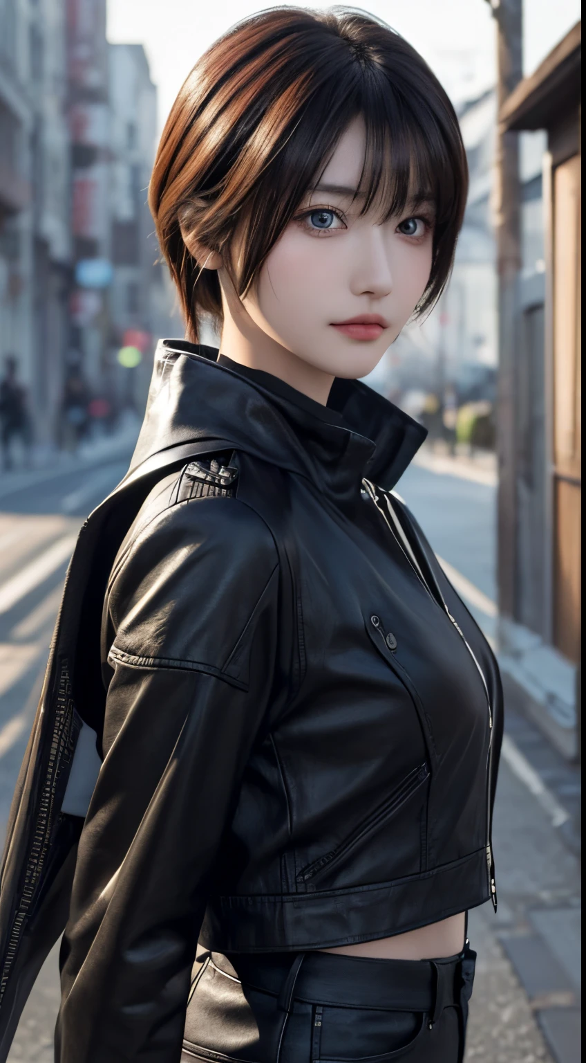 ​masterpiece, 1 beautiful girls, detaileds, Swollen eyes, top-quality, 超A high resolution, (现实: 1.4), OriginalPhotographs, 1girl in, 电影灯光, (A smile:0.6), japanes, Asian Beauty, Korean, Proper, very extremely beautiful, Slightly younger face, Beautiful skins,orange color hair、 slender, Leather Jean、cyberpunk backgrouns, (A hyper-realistic), (illustratio), (hight resolution), (8K), (ighly detailed), (The best illustrations), (beautifully detailed eyes), (ultra-detailliert), (wall-paper), (详细的脸), looking at the viewers, fine detailed, A detailed face、deep-shadows、Unobtrusive、pureerosfaceace_v1、46-point diagonal bangs、Facing straight ahead、Neat Clothing、Black colored eyes、
