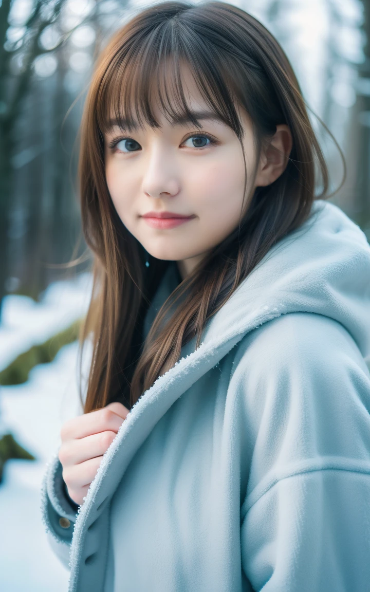 masutepiece, Best Quality, 8K, 1 girl, 20 yo, medium breasts, cute little, Solo, sad, Snowy landscape, Snowy forest, Cute, Girly, Delicate girl, Neat and clean beauty, Raw photo, Professional Photography, Portrait, Soft light, Professional Lighting, Back lighting, Upper body, look forward to your eyes, Sophisticated, Film grain, (Eyes and faces with detailed:1.0), medium length floating hair, Flowing beautiful hair, Warm winter jacket