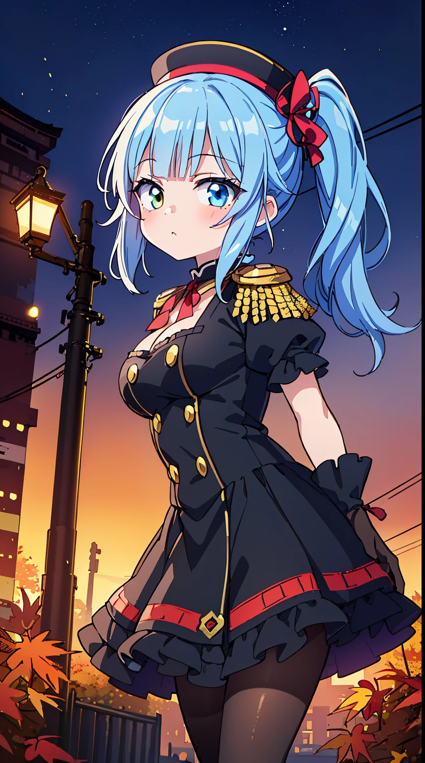 (Absurd realistic structure details),(High resolution complex and detailed text quality),(High-resolution microstructure、High Poly 3D Rendering Correction),Methods of geometry,Careful explanatory anatomy,
BREAK,
1 person,Solo,(Cute:1.5),(Chibi:0.6),(kawaii:1.5),(Lori:0.5),(17 years old girl),Very detailed,colourfull,highest details,Clear skin,Beautiful skin,Shy,Very detailed,colourfull,highest details,Clear skin,Beautiful skin,Shy skin,1 beautiful girl,{Heterochromia,pale blue eyes,pale green eyes:1.9},star eye silhouette, BREAK,(pale blue hair, Medium length:1.4),(Side Ponytail,A little curly hair,Single-sided twisted blade,Princess Cut:1.3),(cleavage of the breast,Large breasts,Beautiful , gleaming skin,Clear skin, Beautiful skin,(best quality face),(Top quality glowing eyes),
BREAK (black and gold theme:1.4), ((gothic lolita dress, black military officer uniform top):1.3), (black sundress with collar:1.4), (black multi-layered skirt with red ruffles:1.4), (black peaked cap:1.4), ((short sleeve, bishop-sleeve):1.3), ((gold epaulet, gold Aiguillette):1.3), (black gloves:1.3), (double-breasted on dress:1.3), ((Lace, exquisite gold embroidery):1.2), (dark brown pantyhose:1.3), (military boots with lace-up:1.1),
BREAK (red theme:1.2), (red tie:1.4), (red line on dress:1.2),
BREAK,(Sunset), (There is a picture of a road made of electric wires and poles...., anime countryside landscape, Anime Background Art, Anime landscapes, very detailed illustration.", anime style cityscape, style of makoto shinkai, anime backgrounds, Anime landscapes, in the style of makoto shinkai, painted in anime painter studio:1.3),Waterfall,depth of fields,a closed mouth,(Osaka in Autumn:1.55), blush, bottles, (Look back:0.6), (Sexy Pose:1.2), (tilt head:1.1),
BREAK, (Dynamic Angle,from the front side:1.2), wakame,wakame,wakame,
BREAK,(Blurry background:1.3),(absurderes, hight resolution, Super Detail Art),cel shading,Clear Color, Lonely optical effect, Beautiful pictures, Bright glow, mystic atmosphere,(Close-up of girl:1.1), (Bright glow, Light particle effect, light leaks, Aerial effects:1.1), clean line drawings,Clear Color, Beautiful pictures,