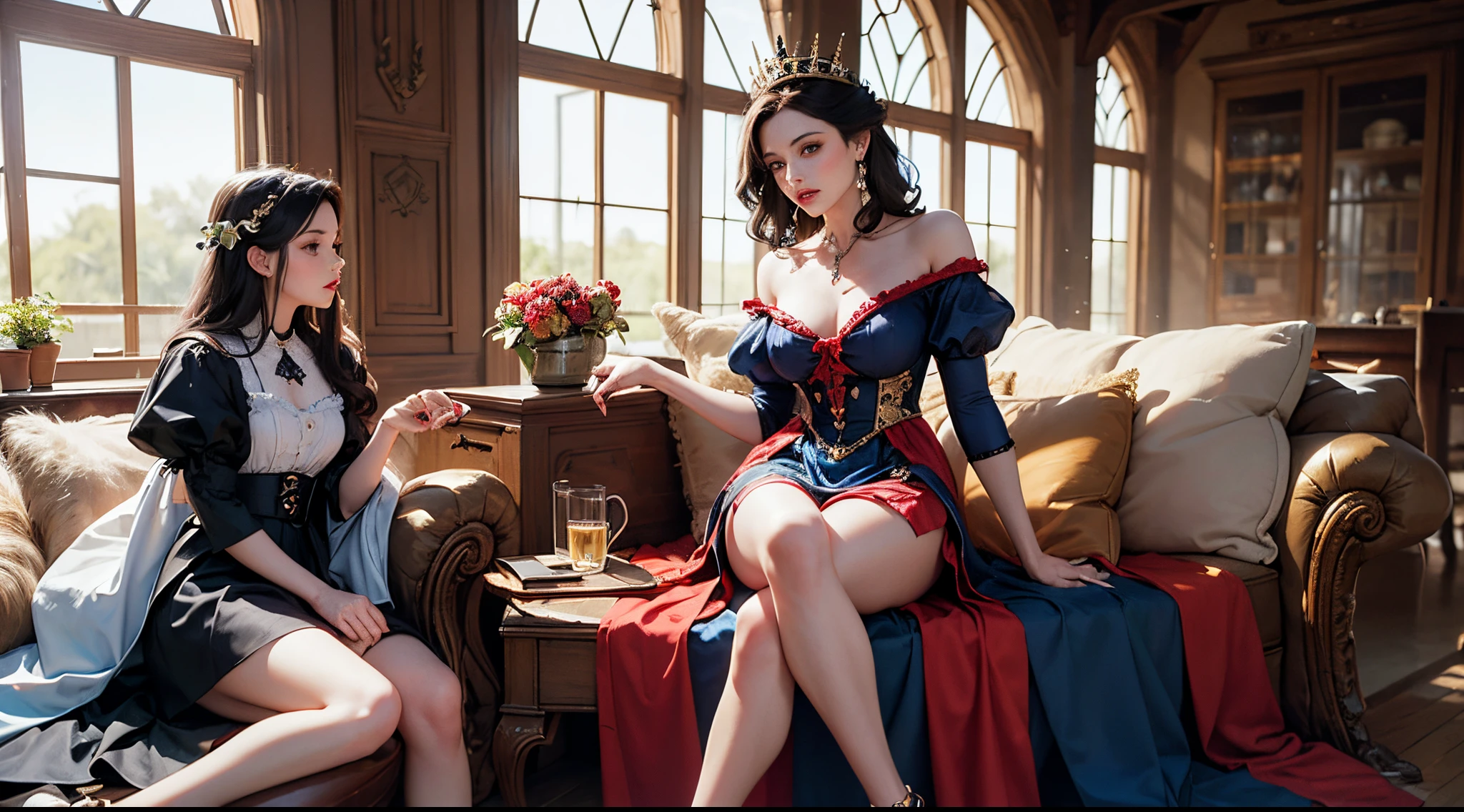 hiper beautiful mulher branca de neve moderna hiper-realista, roupa amarela, saia azul e detalhes em vermelho   bota longa vermelha 16k fundo medieval futurista cabelos longos pretos hiper-realista fundo Steampunk,  close fotografia e darkness.