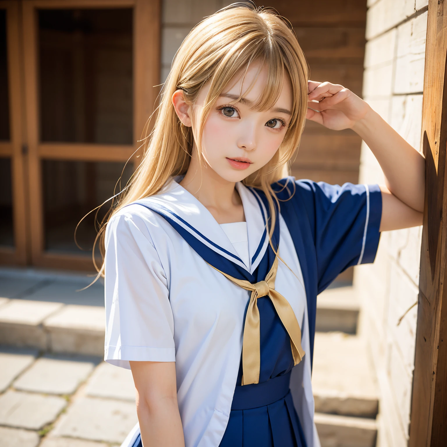(masutepiece, Best Quality:1.2), 8K, Official art, Raw photo, Full Bord Bill Four、校服、Prepare a broom and duster、Sweep the landscape、Wear with a broom、Beautiful breasts are thin、years、small tits、unbelievable Ridiculous, (Upper body、校服:1.4), Beautiful Girl, Pretty Face, arching back down,、Gold hair ornament on hair、close up, Sailor Suit, Short sleeve, violaceaess, Teen, Looking at Viewer, Film grain, chromatic abberation, Sharp Focus, face lights, Dynamic lighting, Cinematic lighting, Eyes and faces with detailed, Bokeh background,