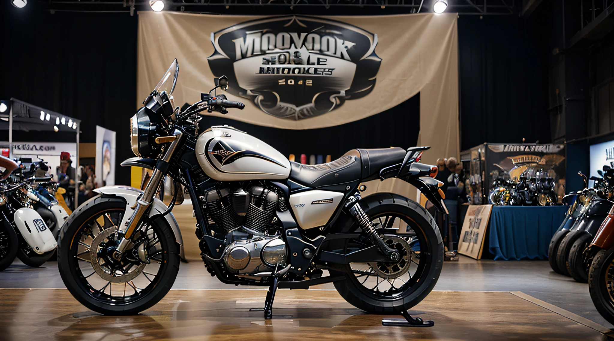 beautiful wallpaper, a motorcycle show, highly detailed motorcycles, people have come to see the motorcycle show, highly detailed people on background, beautiful, cinematic, extremely detailed, ultra realistic, 8k wallpaper, lot of motorcycles in the motor show, highly detailed people, highly detailed background, blur background, high capacity motorcycles.