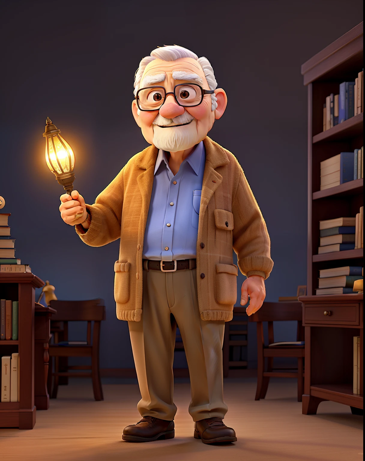 A wise old man standing in front, illuminated by the light of a lamp, against the backdrop of a library