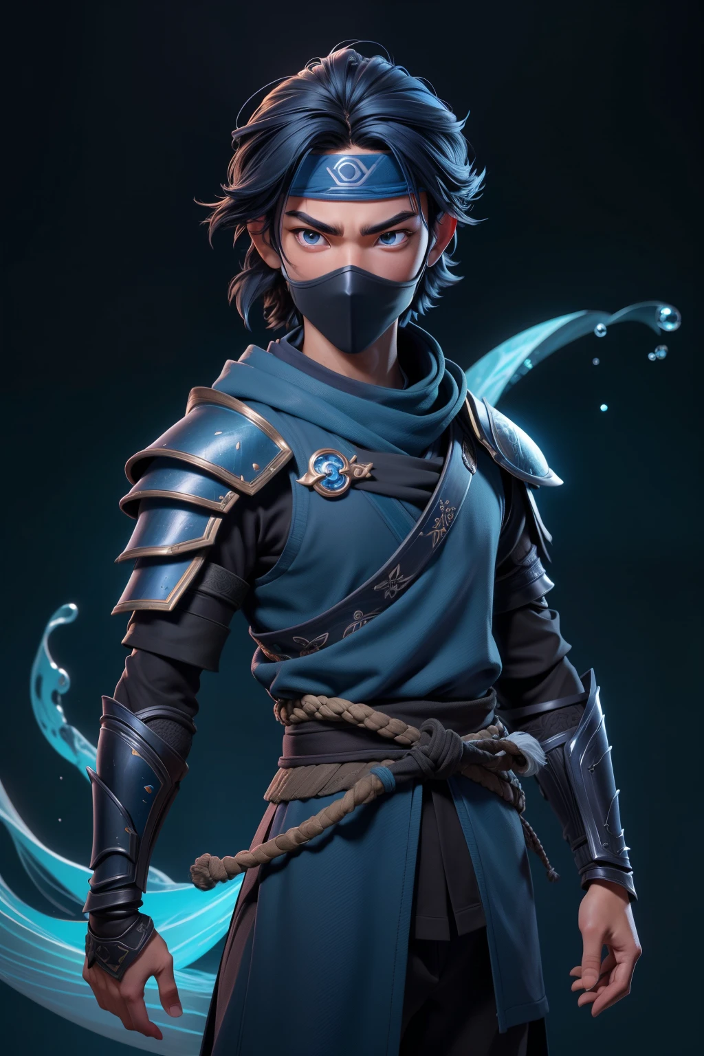 a handsome male waterbender, short hair, dark blue hair, shoulder-length hair, smooth hair, pale skin, young japanese boy, teenager, (15 years old), male humanoid, elegant, calm expression, relaxed, detailed eyes, glowing eyes, perfect eyes, perfect hands, blue water powers, cartoonish, digital art, concept art, (wearing a black headband, samurai armor, a ninja scarf covering his mouth, short hood), asian ninja, water elemental mage, arcane powers, cosmic, stars, a city in the distant, tokyo, waves, blue and black clothing, starlight, anime artstyle, masterpiece, highest quality, high resolution, intricate details, portrait, cute