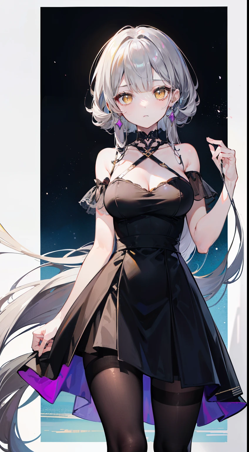 (top-quality、masterpiece、high-level image quality、Super delicate)、((a beauty girl))、((Ash gray vertical roll twinte))、(Long bangs)、(Yellow eyes that shine like the moon)、a choker、breasts of medium size,、(Assassin style black sheer tights costume)、(cool expression