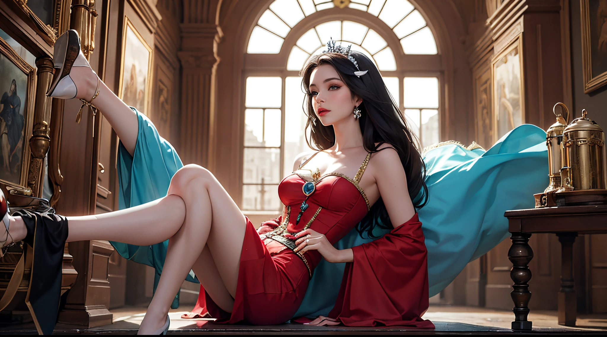 hiper beautiful mulher branca de neve moderna hiper-realista, roupa amarela, saia azul e detalhes em vermelho bota longa vermelha 16k fundo medieval futurista cabelos longos pretos hiper-realista fundo Steampunk, close fotografia e darkness.