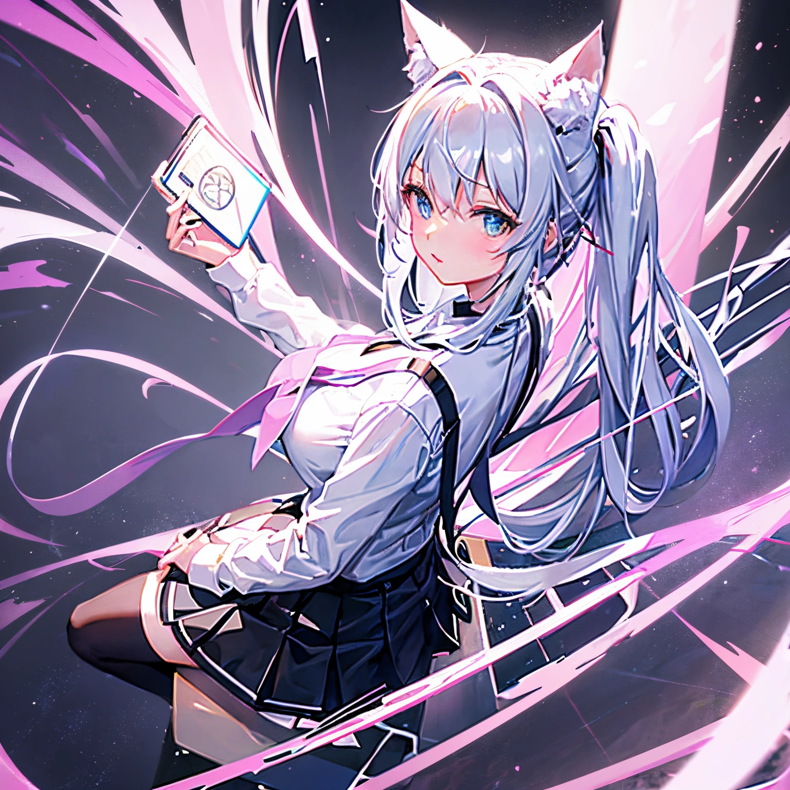 "anime girl, 1 person, silver white hair tied on both sides, light pink purple eyes, wearing cat ear headphones, female shirt, female school uniform, tie, black miniskirt, big breasts, smiling, tights, standing cross-legged, side view,solo (full HD 4K+ image)"