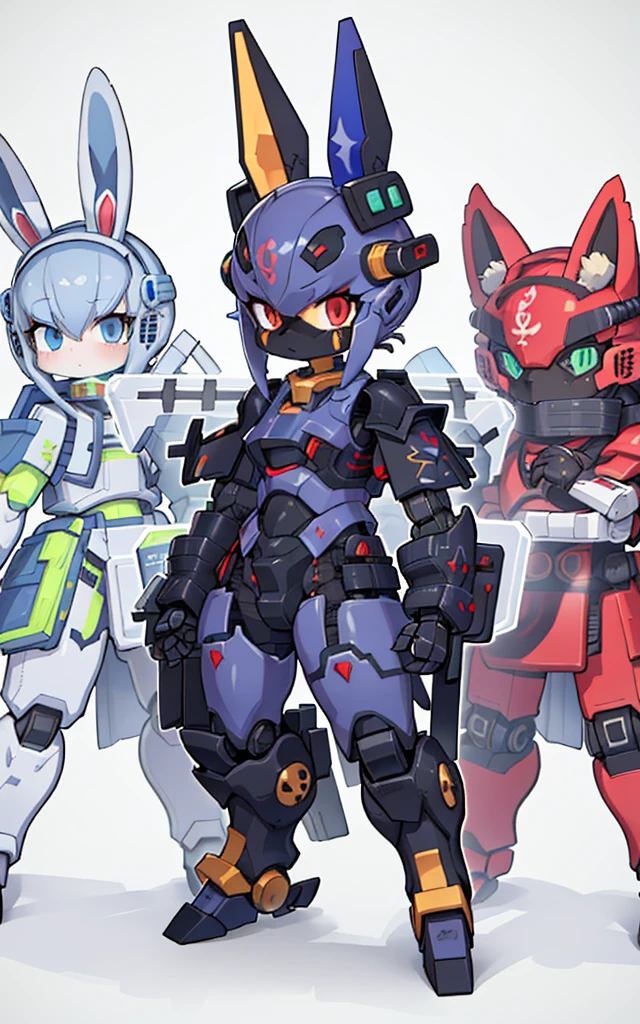 Cartoon image of robot rabbit holding gun, mecha cyber armor, Cool mech style, Mecha suit, Full robot full body mecha suit, cyber fight armor, wearing cyber armor, anime mecha armor, Purple armor, Complex assassin mecha, Mecha Inspiration, Trio, three roles, Spatial perspective, The vision is blurred