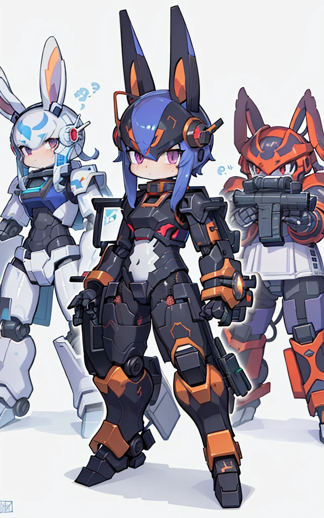 Cartoon image of robot rabbit holding gun, mecha cyber armor, Cool mech style, Mecha suit, Full robot full body mecha suit, cyber fight armor, wearing cyber armor, anime mecha armor, Purple armor, Complex assassin mecha, Mecha Inspiration, Trio, three roles, Spatial perspective, The vision is blurred