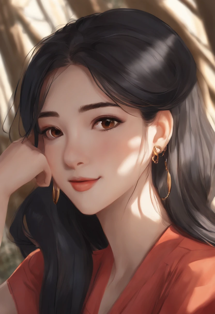 Masterpiece, best quality, {best quality}, {{masterpiece}}, {highres}, focus, anime style, a closeup of a cartoon of a woman, girl design, portrait, giesha, anime image, long hair, black hair, straight eyes, hair covering ears, happy, polished and powerful look, exotic, tall, freckles, smiling, chic clothing