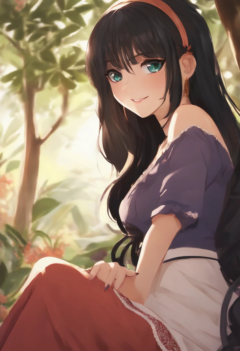Masterpiece, best quality, {best quality}, {{masterpiece}}, {highres}, focus, anime style, a closeup of a cartoon of a woman, girl design, portrait, giesha, anime image, long hair, black hair, straight eyes, hair covering ears, happy, polished and powerful look, exotic, tall, freckles, smiling, chic clothing