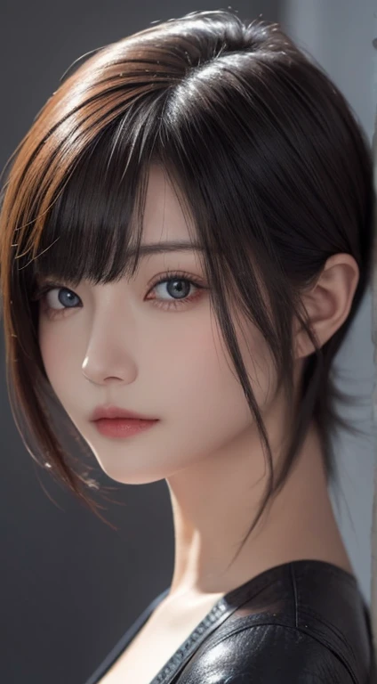 masterpiece, 1 beautiful girls, detaileds, Swollen eyes, top-quality, 超A high resolution, (现实: 1.4), OriginalPhotographs, 1girl in, 电影灯光, (A smile:0.6), japanes, Asian Beauty, Korean, Proper, very extremely beautiful, Slightly younger face, Beautiful skins,orange color hair、 Slender big, Leather Jean、cyberpunk backgrouns, (A hyper-realistic), (illustratio), (hight resolution), (8K), (ighly detailed), (The best illustrations), (beautifully detailed eyes), (ultra-detailliert), (wall-paper), (详细的脸), looking at the viewers, fine detailed, A detailed face、deep-shadows、Unobtrusive、pureerosfaceace_v1、46-point diagonal bangs、Facing straight ahead、Neat Clothing、Black colored eyes、