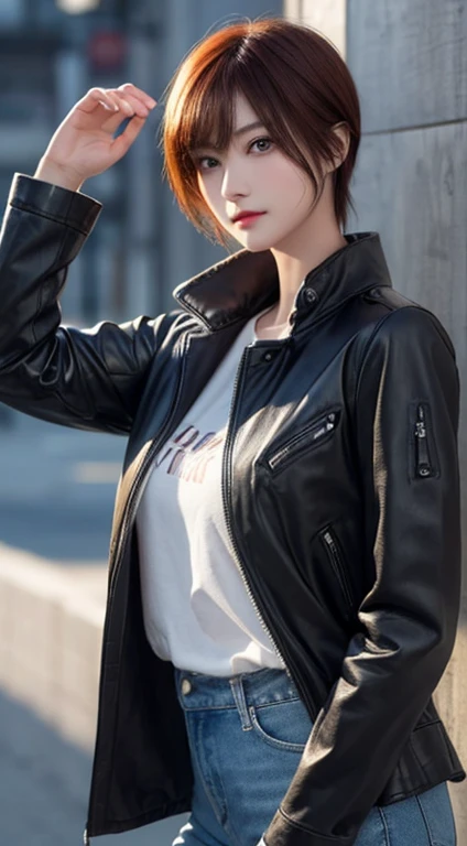 ​masterpiece, 1 beautiful girls, detaileds, Swollen eyes, top-quality, 超A high resolution, (现实: 1.4), OriginalPhotographs, 1girl in, 电影灯光, (A smile:0.6), japanes, Asian Beauty, Korean, Proper, very extremely beautiful, Slightly younger face, Beautiful skins,orange color hair、 Slender big, Leather Jean、cyberpunk backgrouns, (A hyper-realistic), (illustratio), (hight resolution), (8K), (ighly detailed), (The best illustrations), (beautifully detailed eyes), (ultra-detailliert), (wall-paper), (详细的脸), looking at the viewers, fine detailed, A detailed face、deep-shadows、Unobtrusive、pureerosfaceace_v1、46-point diagonal bangs、Facing straight ahead、Neat Clothing、Black colored eyes、