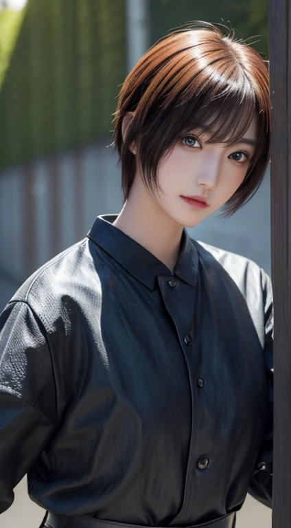 masterpiece, 1 beautiful girls, detaileds, Swollen eyes, top-quality, 超A high resolution, (现实: 1.4), OriginalPhotographs, 1girl in, 电影灯光, (A smile:0.6), japanes, Asian Beauty, Korean, Proper, very extremely beautiful, Slightly younger face, Beautiful skins,orange color hair、 Slender big, Leather Jean、cyberpunk backgrouns, (A hyper-realistic), (illustratio), (hight resolution), (8K), (ighly detailed), (The best illustrations), (beautifully detailed eyes), (ultra-detailliert), (wall-paper), (详细的脸), looking at the viewers, fine detailed, A detailed face、deep-shadows、Unobtrusive、pureerosfaceace_v1、46-point diagonal bangs、Facing straight ahead、Neat Clothing、Black colored eyes、