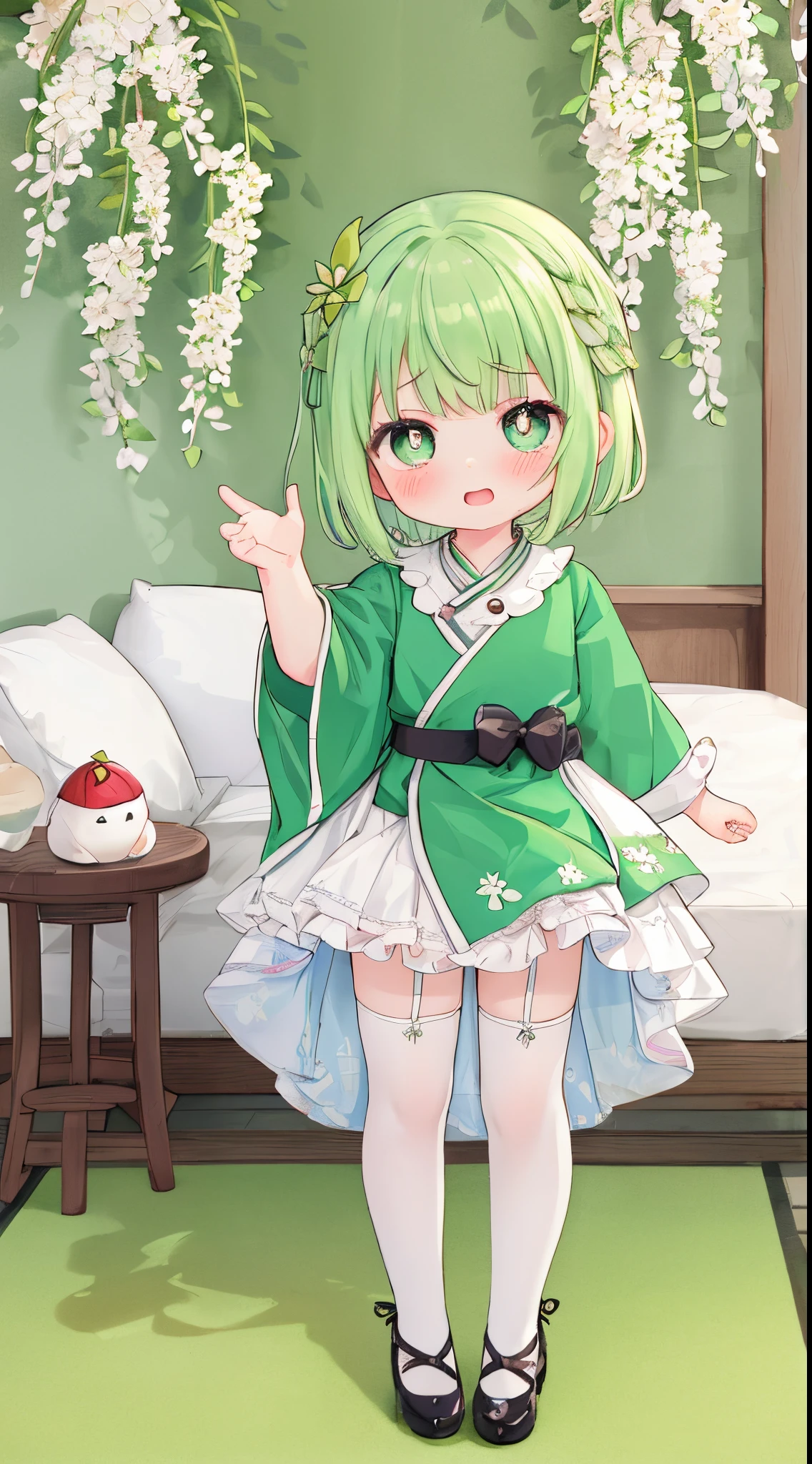 Best quality，face to the viewer，独奏，Short hair details，Cute  Turtle，White stockings，Green-eyed，heart - shaped pupils，Alone，Green hair，inside a room，face flushed，dynamic expression，夏天，weeping willow，lakeside，high-heels，Full body photo，Stand up，Full body photo，dynamicposes，Close-up of people