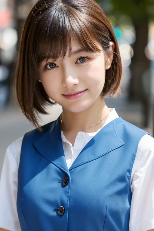 (((Medium hair))), Top Quality, 8K, HDR, Hi-Res, Absurdity: 1.2, Photography, (RAW Photos: 1.2), (Photorealistic: 1.4), (Masterpiece: 1.3), (Complex Details: 1.2), 1 Girl, Solo, Japan girls, Delicate and beautiful details, (Detailed eyes), (Detailed facial features), Petite, (Small breasts))), Toned Skin, ( looking_at_viewer), from_front, (Skinny), (Best Quality: 1.4), (Ultra High Definition: 1.2), Cinemalite, (Extreme Detail Illustration), (Lip Gloss, Best Quality, Ultra High Resolution, Depth of Field, Caustics, Broad Lighting, Natural Shading, 85mm, f / 1.4, ISO 200, 1/160 sec: 0.75), 1 girl, solo, ((blue vest))) smile, uniform, necklace, fashionable café: 1.3, black neat and clean clothes, Nogizaka idol, gravure idol, beauty