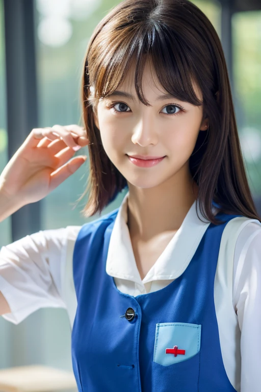 Highly detailed 8k wallpaper), sharp focus, detailed, dramatic, delicate and beautiful schoolgirl, 15 years old, sheer white shirt, tie, dark blue pleated micro mini, light brown hair, smooth pigtails, hair ornament, sexy, smile, peeking at the viewer, beautiful graphics, bright school building, full of students, showing the whole body, sitting, squatting,