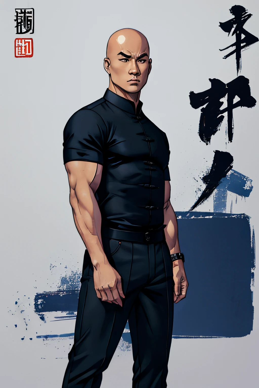 (((estilo quadrinhos))), A full body bald Chinese man, rosto do Jet Li, DRESSED IN a black shirt and dark blue pants, solid white background: 1.5, (((estilo quadrinhos))), vetor, contorno preto, Delineado, arte linear, Colouring