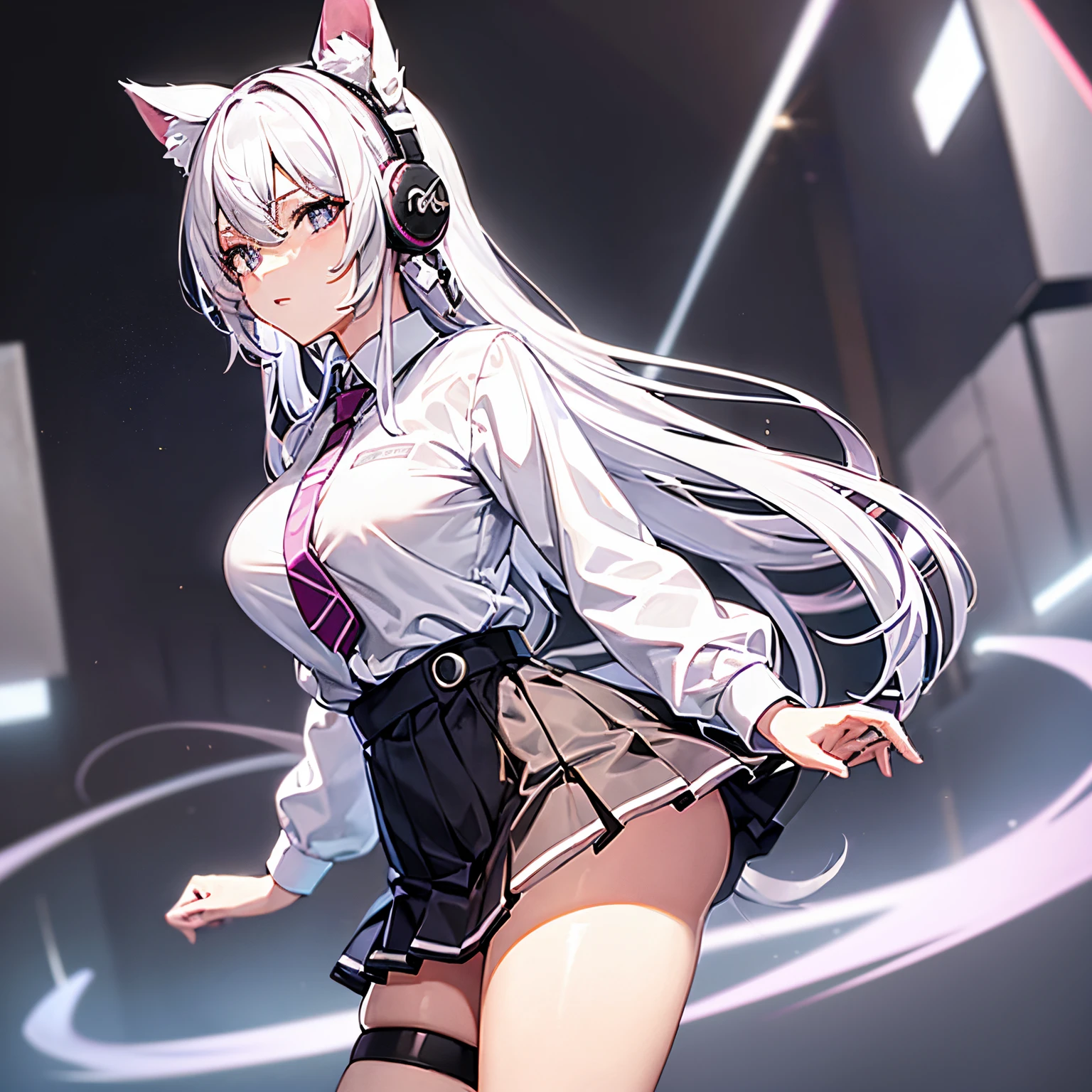 "anime girl, 1 person, silver white hair tied on both sides, light pink purple eyes, wearing cat ear headphones, female shirt, female school uniform, tie, black miniskirt, big breasts, smiling, tights, standing cross-legged, side view,solo (full HD 4K+ image)"
