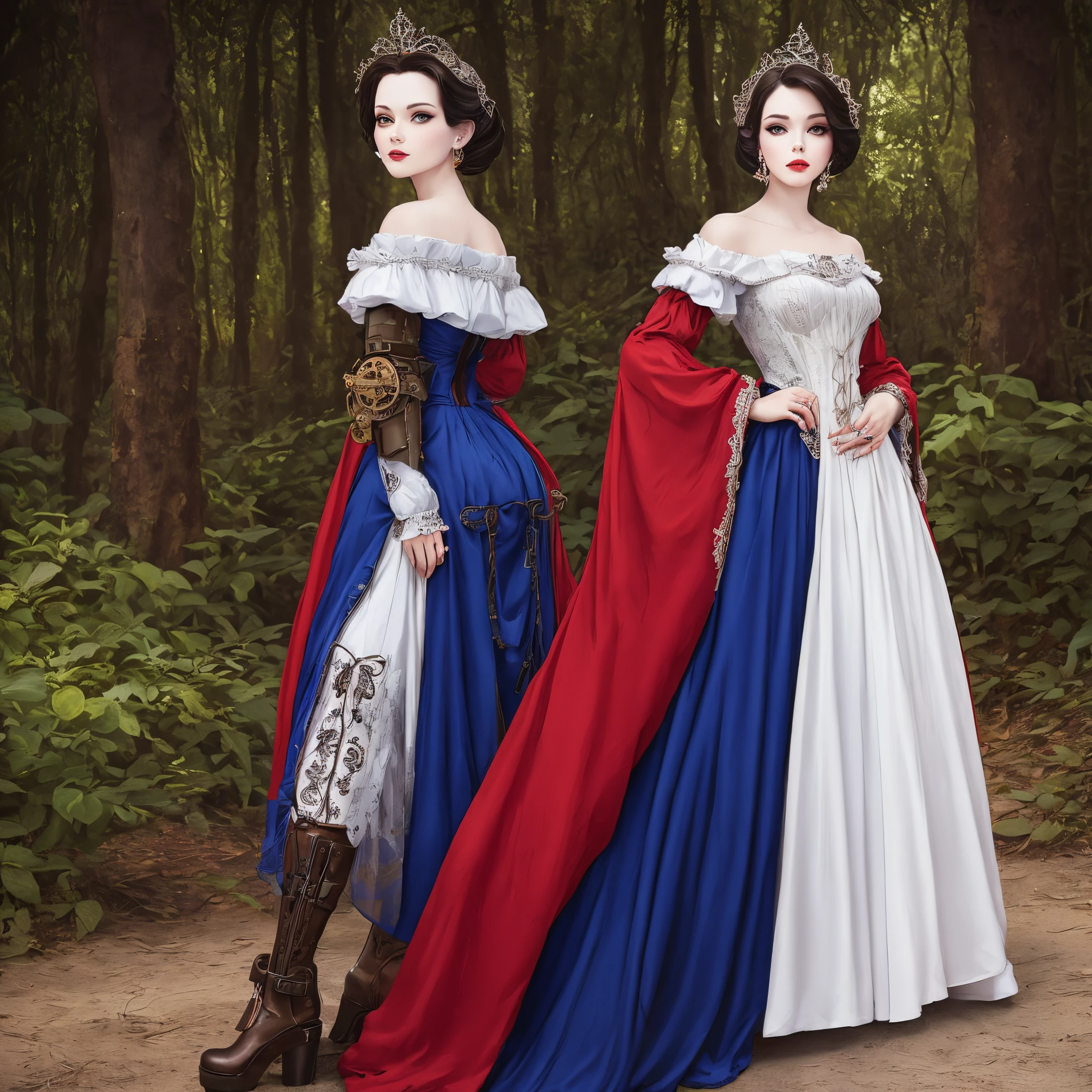 hiper beautiful mulher branca de neve moderna hiper-realista, roupa amarela, saia azul e detalhes em vermelho bota longa vermelha 16k fundo medieval futurista cabelos longos pretos hiper-realista fundo Steampunk, close fotografia e darkness.